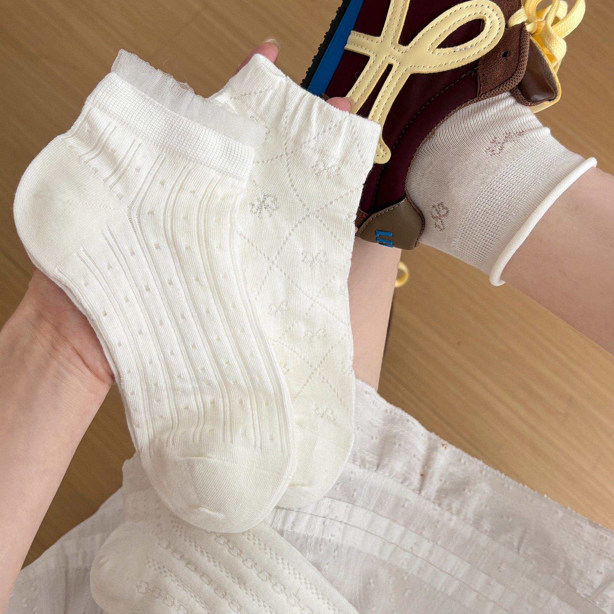 "踏云般软绵"芭蕾风袜子花边白色miu系少女夏天超薄网眼纯棉透气