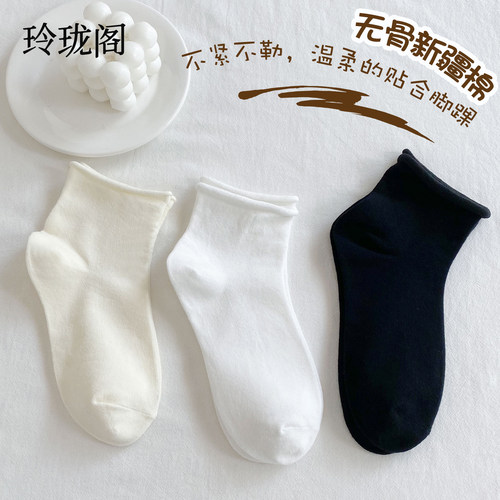 卷边白色日系短袜配小皮鞋薄款