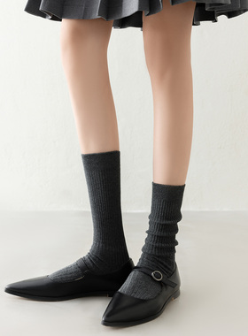 堆堆袜女修饰腿型秋天薄款灰色纯棉中筒袜子配裙子长筒配小皮鞋的