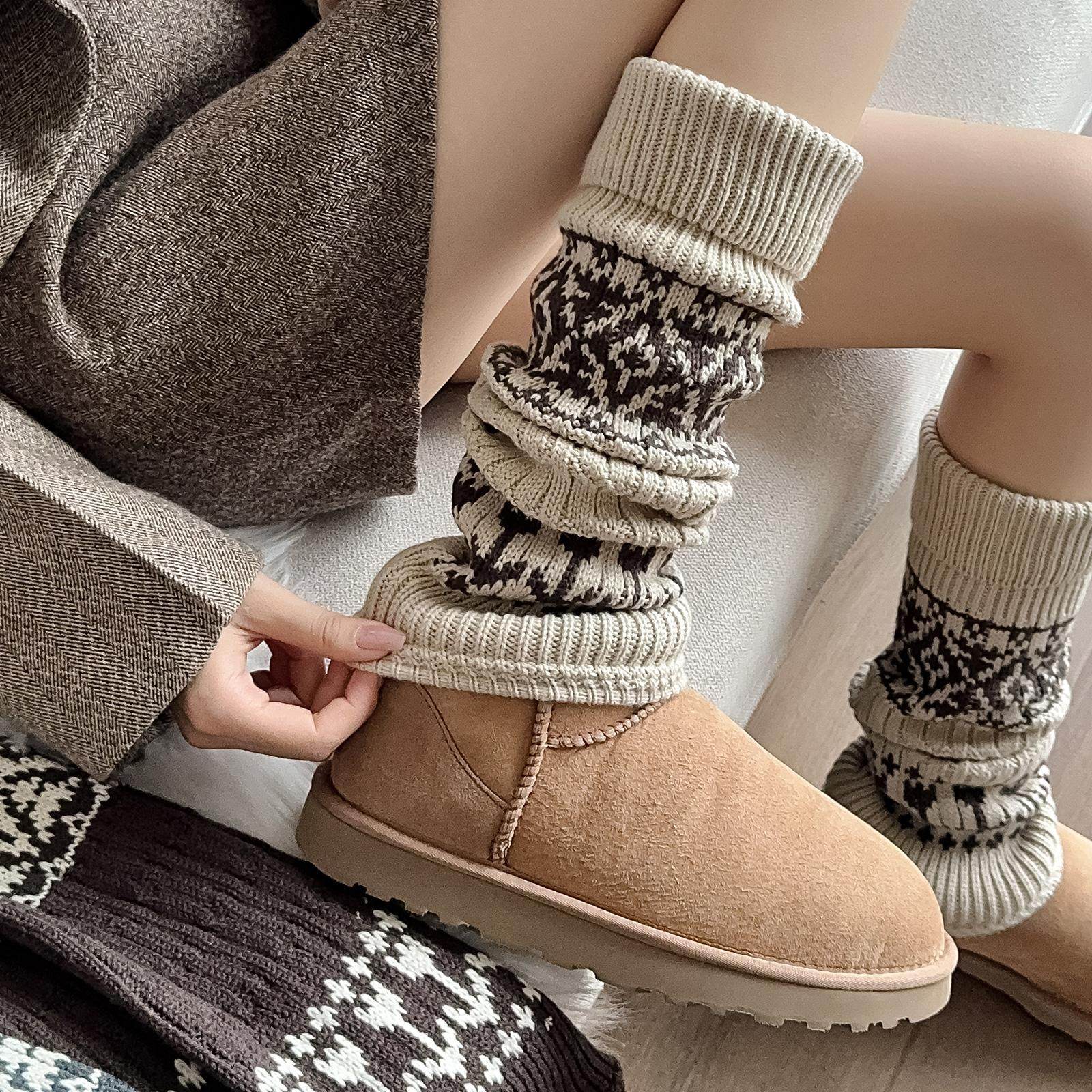 韩系费尔岛女款羊毛袜套秋冬堆堆粗线针织保暖灰色小腿套配雪地靴,女士内衣/男士内衣/家居服,长筒袜,淘宝优惠券,粉丝福利购,淘宝优惠卷