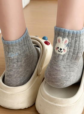 灰色袜子短筒女款夏薄款可爱小兔日系ins潮透气卡通短袜2026新款