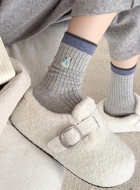 灰色袜子女款高级刺绣中筒袜可爱卡通2025新款秋冬韩系保暖女袜
