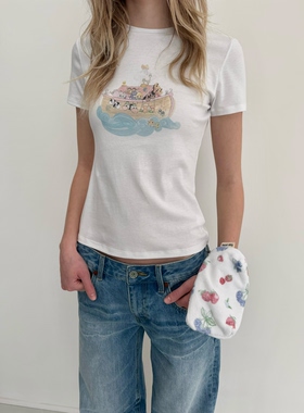 FOT2026春夏 旧梦插画 淡色系 卡通匹马棉清爽夏季白色小T恤上衣