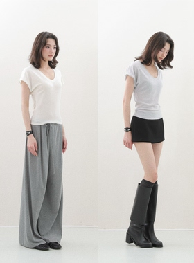 FOT2026春夏 V领一体收口袖无肩线落肩休闲舒适 宽松羊毛T恤上衣