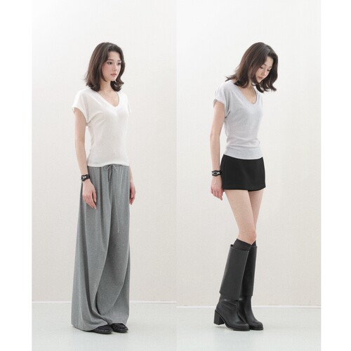 V领一体收口袖无肩线落肩T恤