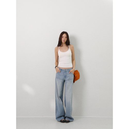 FOT2026春夏 浅迹蓝水洗伐木扣拼接大腿宽松描绘猫须全棉牛仔裤