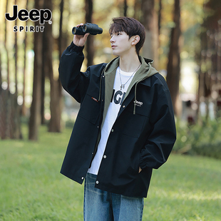JEEP SPIRIT夹克外套男士春秋季新款假两件宽松大码连帽风衣男款