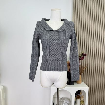 Wuuus小乖乖彼得潘领长袖毛衣女2025新款翻领麻花针织衫上衣