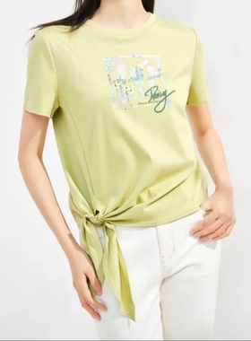 珂思正品100棉夏季款不对称绑带设计印花T恤质感通勤EM01911G1