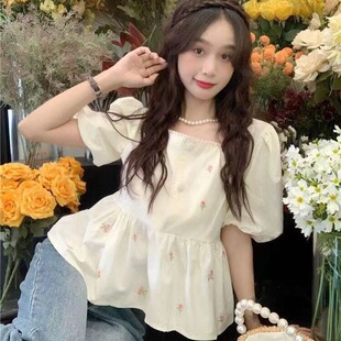少女上衣潮 现货方领拼接泡泡袖 碎花衬衫 2024新款 甜美洋气宽松短袖