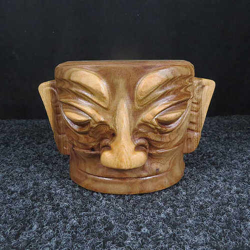 香樟木侘寂风茶盘三星堆面具摆件