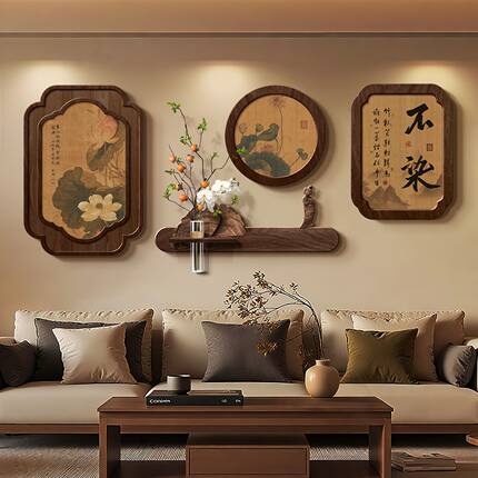 宋代美学沙发背景墙装饰画中式茶室客厅禅意挂画水培绿植组合壁画