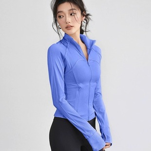 瑜伽外套竖条螺纹拉链立领防风长袖健身服紧身显瘦运动外套女新款