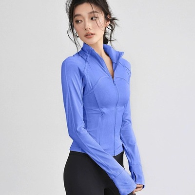 瑜伽外套竖条螺纹拉链立领防风
