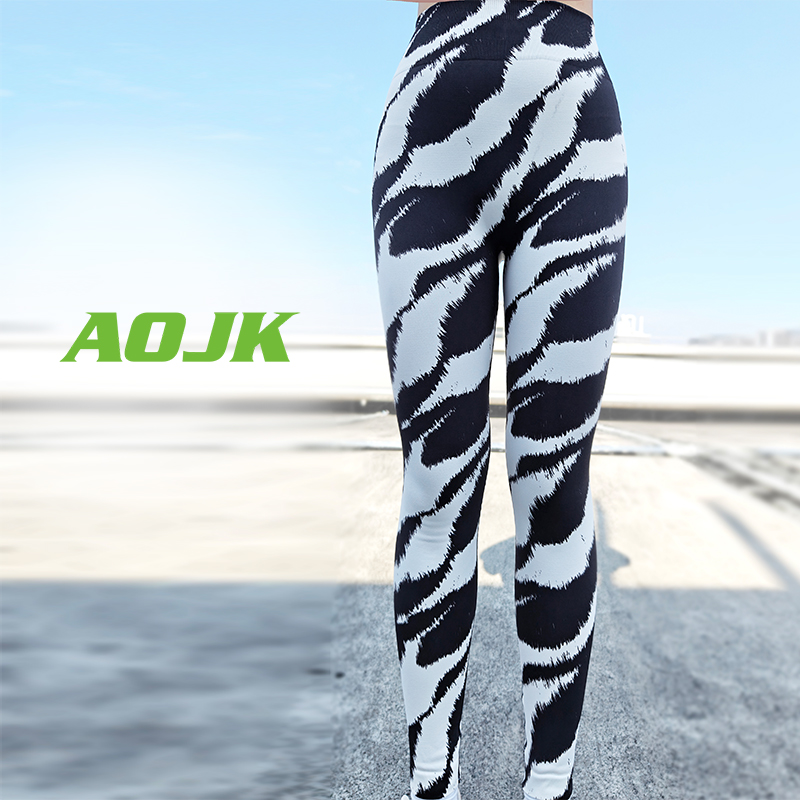斑马纹印花瑜伽裤无缝针织翘臀紧身运动跑步健身长裤子女士健美裤