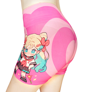 欧美粉色爱心印花运动瑜伽健身服短裤女高腰提臀收腹训练短裤三分