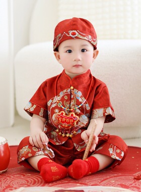 新中式春夏款宝宝唐装新品抓周礼服喜庆中国风红色麒麟百天生日宴