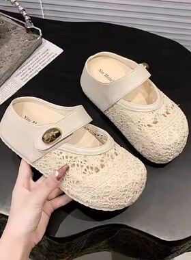 显白黄色厚底内增高编织包头半拖鞋女外穿镂空魔术贴一脚蹬凉拖鞋