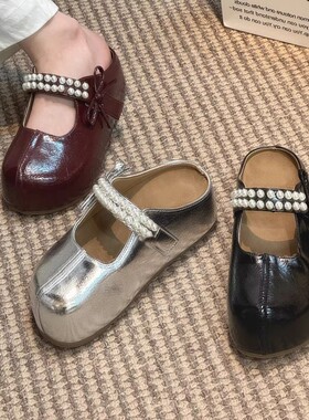 珍珠包头拖鞋黑色女2026新款魔术贴蝴蝶结厚底一脚蹬玛丽珍半拖鞋