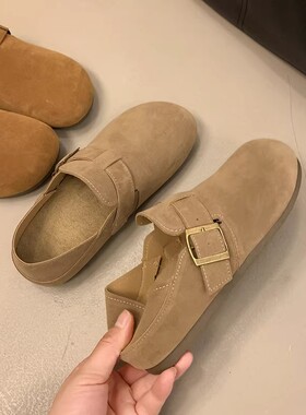 可踩两穿孕妇鞋勃肯鞋2026新款春季一脚蹬扣带绒面单鞋休闲豆豆鞋