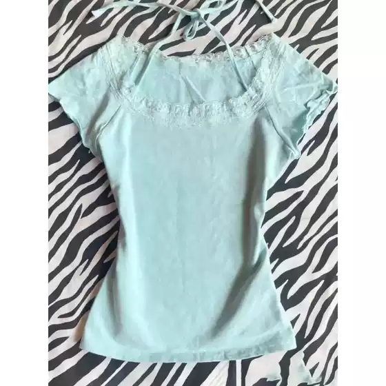 2026 Women's Sweet Lace Trim Halter Short Sleeve T-Shirt Y2K