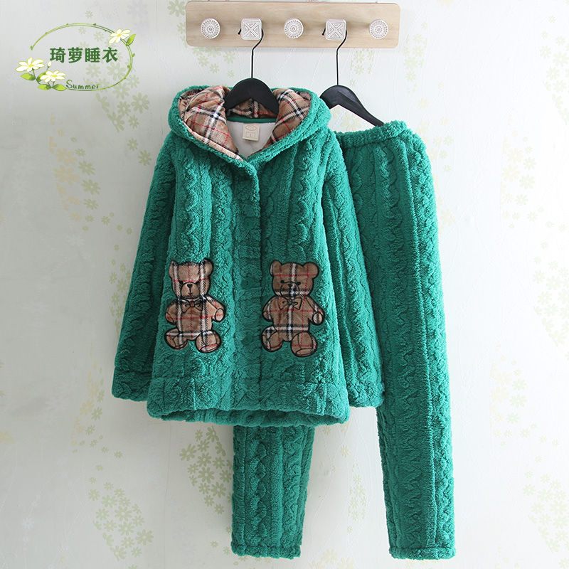 女珊瑚绒夹棉卡通可爱睡衣家居服