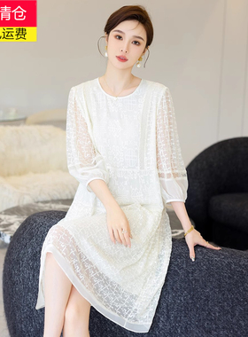 品牌真丝桑蚕丝连衣裙女大码中年春装高级洋气妈妈气质黑色裙子