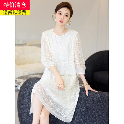 品牌真丝桑蚕丝连衣裙女大码中年春装高级洋气妈妈气质黑色裙子