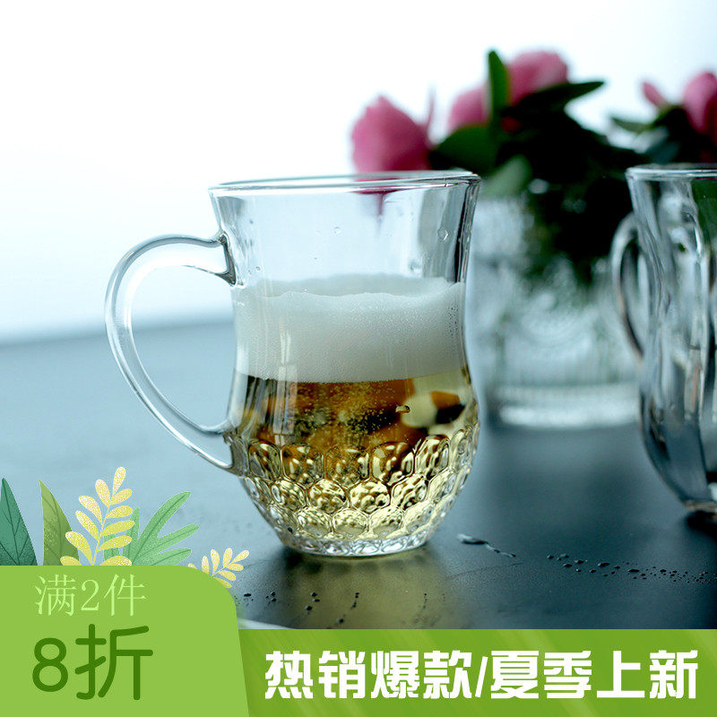 韩式复古无铅透明玻璃水杯加厚带把啤酒杯圆形杯子红酒果汁茶杯