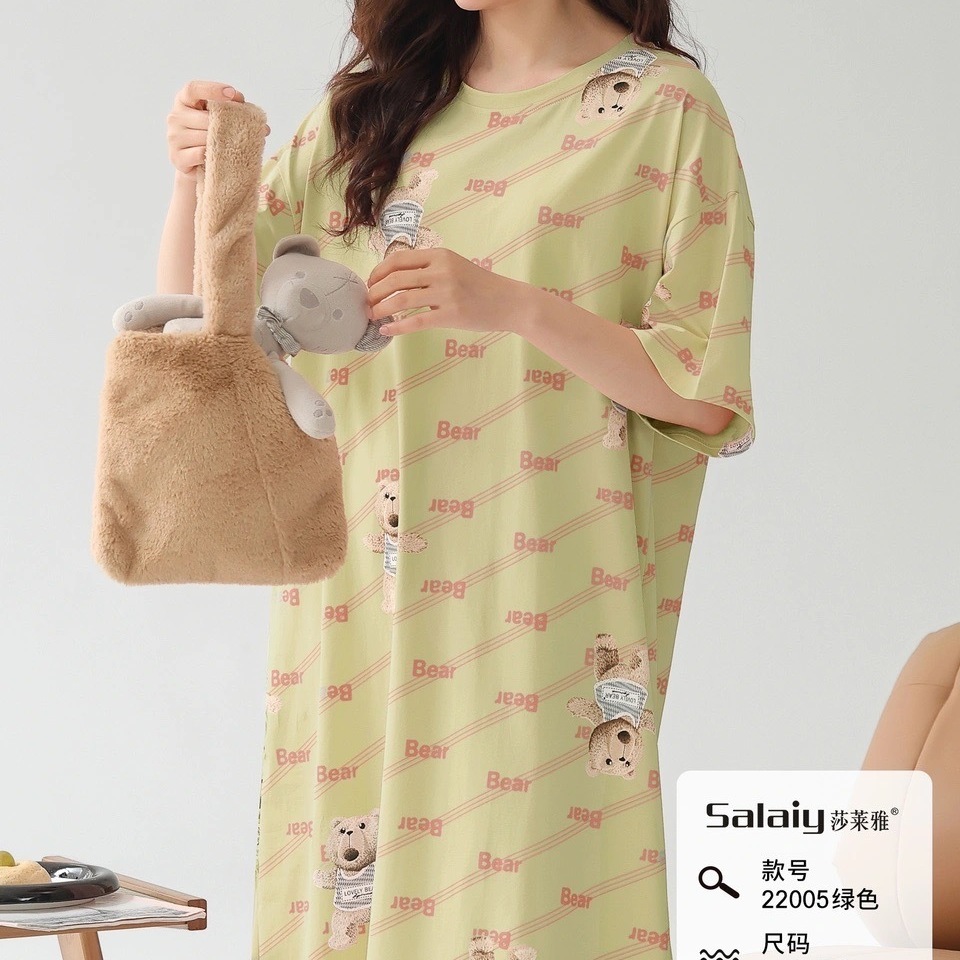 莎莱雅睡裙女春夏新款短袖长款休闲简约时尚可外穿套头家居服睡裙