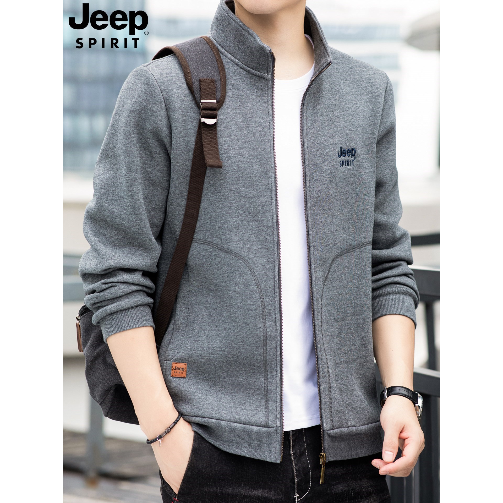 吉普立领开衫纯棉卫衣男士2025秋冬新款宽松休闲加绒夹克拉链外套