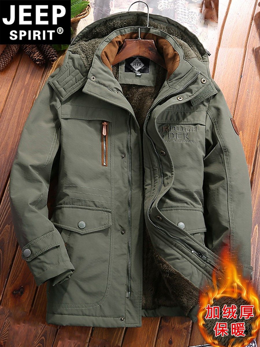 吉普jeep冬装棉服男棉衣加绒加厚外套军绿大衣宽松中老年爸爸棉袄