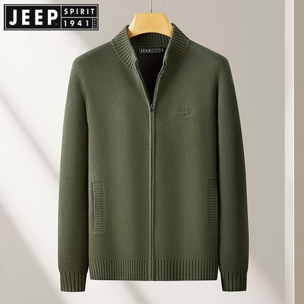 JEEP吉普针织衫男2024年秋冬季新款加绒加厚开衫拉链纯棉毛衣外套