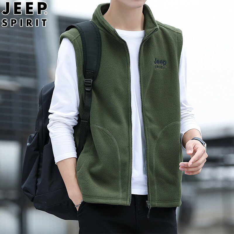 吉普立领马甲男士2026春秋款户外休闲摇粒绒外套运动背心钓鱼马夹