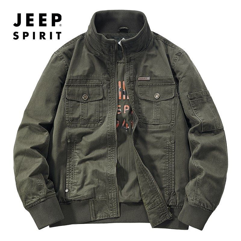 JEEP夹克男春秋新款纯棉大码男装上衣休闲立领多口袋工装军旅外套