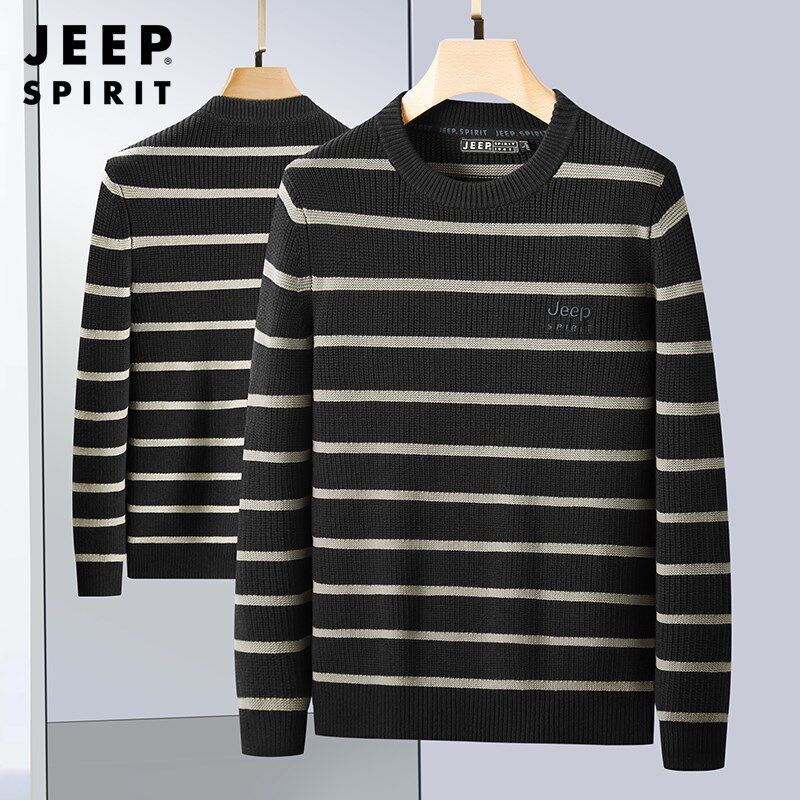 吉普JEEP纯棉毛衣男秋冬季保暖新款打底条纹针织衫圆领休闲毛线衣