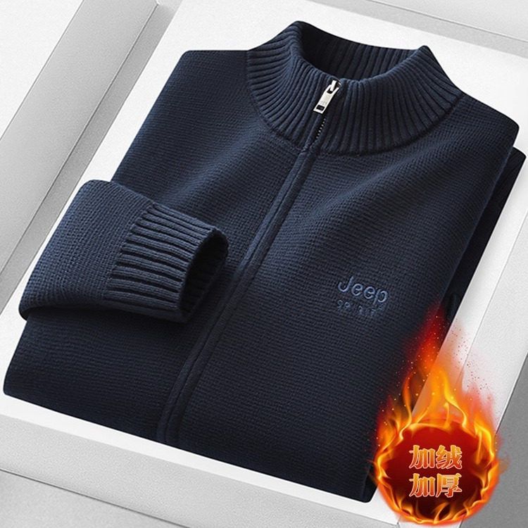 JEEP吉普加绒加厚毛衣男冬季新款宽松中年爸爸纯棉开衫针织衫外套