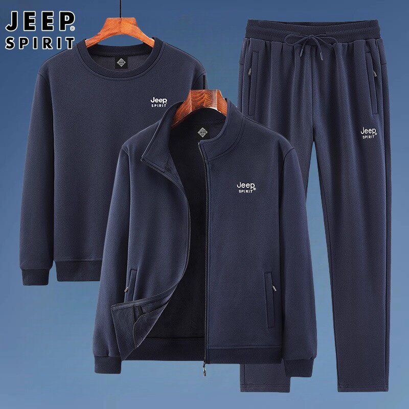 JEEP SPIRIT运动套装男冬季中老年爸爸加绒加厚休闲运动服三件套