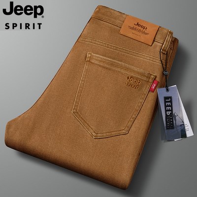 JEEP吉普秋季新款男士牛仔裤男秋冬宽松直筒高端卡其色加绒男裤子