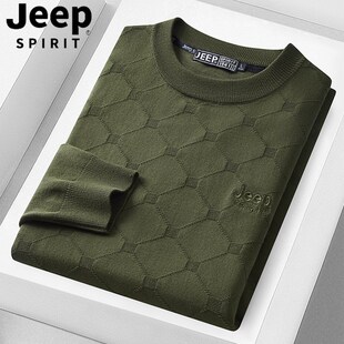吉普吉普毛衣男春秋款内搭圆领针织打底衫薄款军绿复古男士保暖装