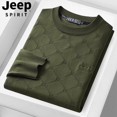 吉普吉普毛衣男春秋款内搭圆领针织打底衫薄款军绿复古男士保暖装