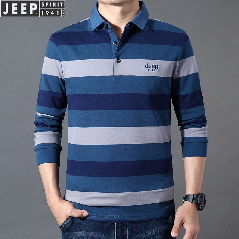 jeep纯棉长袖T恤春季男士翻领条纹打底衫宽松大码休闲polo衫体恤