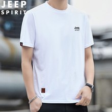 JEEP吉普男装2025夏季纯棉透气圆领短袖男宽松下开叉白色t恤汗衫