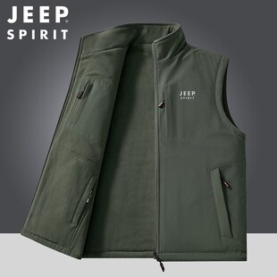 吉普JEEP马甲男中年宽松大码 立领秋冬加绒户外多口袋钓鱼背心坎肩
