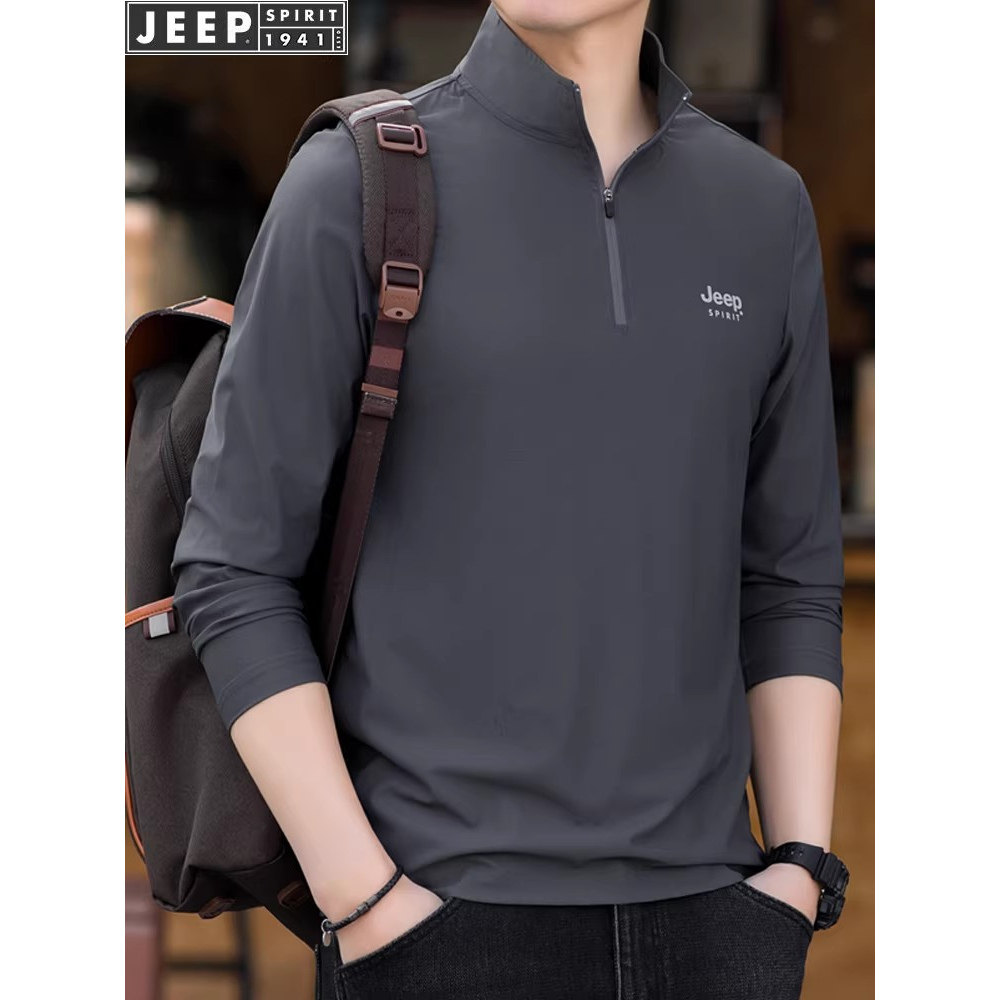 吉普长袖T恤男士冰丝薄款夏季透气速干防晒宽松大码中年休闲上衣