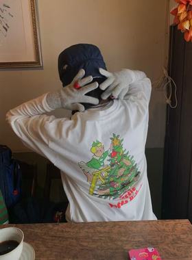 C家  韩系ins新款百搭圆领圣诞字母套头长袖T恤