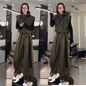 阔腿裤 欧货休闲运动服套装 斜拉链连帽马甲 2025新款 两件套 女秋季