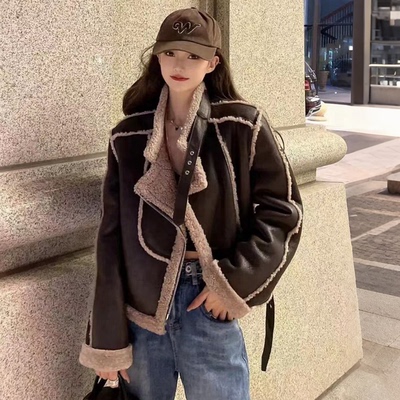 2025冬季颗粒绒皮毛一体机车服女新款高级感加厚短款羊羔毛外套潮