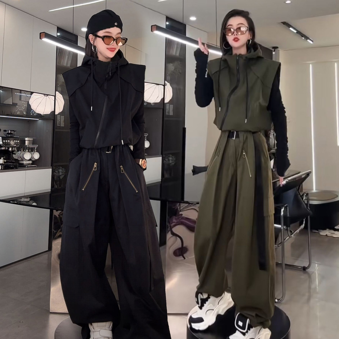 韩版个性工装两件套女2025春秋新款连帽马甲外套阔腿裤休闲运动服