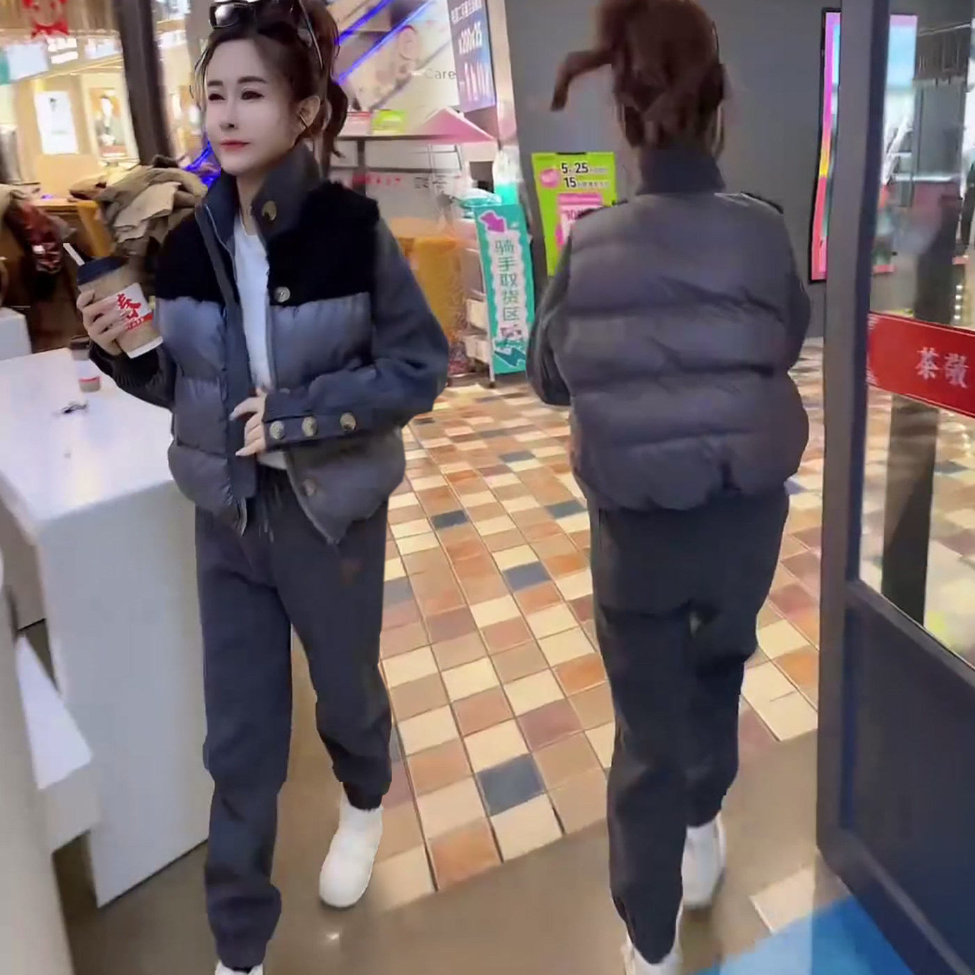 棉服外套加绒束脚卫裤两件套2025冬季新款韩版时尚休闲运动套装女